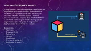 PROGRAMACIÓN ORIENTADA A OBJETOS
La Programación Orientada a Objetos ) es un paradigma de
programación que viene a innovar la forma de obtener
resultados. Los objetos se utilizan como metáfora para
emular las entidades reales del negocio a modelar.
Su uso se popularizó a principios de la década de 1990. En
la actualidad, existe una gran variedad de lenguajes de
programación, como el lenguaje de programación
Delphi, que soportan la orientación a objetos.
Características
• Abstracción
• Encapsulamiento
• Polimorfismo
• Herencia
• Modularidad
• Principio de ocultación
• Recolección de basura
 
