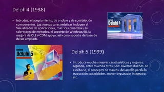 • Introdujo el acoplamiento, de anclaje y de constricción
componentes. Las nuevas características incluyen el
Visualizador de aplicaciones, matrices dinámicas, la
sobrecarga de métodos, el soporte de Windows 98, la
mejora de OLE y COM apoyo, así como soporte de base de
datos ampliada.
Delphi4 (1998)
Delphi5 (1999)
• Introduce muchas nuevas características y mejoras.
Algunos, entre muchos otros, son: diversos diseños de
escritorio, el concepto de marcos, desarrollo paralelo,
traducción capacidades, mayor depurador integrado,
etc.
 