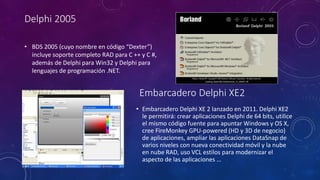 • BDS 2005 (cuyo nombre en código “Dexter”)
incluye soporte completo RAD para C ++ y C #,
además de Delphi para Win32 y Delphi para
lenguajes de programación .NET.
Delphi 2005
Embarcadero Delphi XE2
• Embarcadero Delphi XE 2 lanzado en 2011. Delphi XE2
le permitirá: crear aplicaciones Delphi de 64 bits, utilice
el mismo código fuente para apuntar Windows y OS X,
cree FireMonkey GPU-powered (HD y 3D de negocio)
de aplicaciones, ampliar las aplicaciones DataSnap de
varios niveles con nueva conectividad móvil y la nube
en nube RAD, uso VCL estilos para modernizar el
aspecto de las aplicaciones …
 