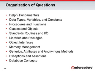 Organization of Questions

     •    Delphi Fundamentals
     •    Data Types, Variables, and Constants
     •    Procedures and Functions
     •    Classes and Objects
     •    Standards Routines and I/O
     •    Libraries and Packages
     •    Object Interfaces
     •    Memory Management
     •    Generics, Attributes and Anonymous Methods
     •    Exceptions and Assertions
     •    Database Concepts

13
 