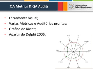 QA Metrics & QA Audits


•   Ferramenta visual;
•   Varias Métricas e Auditórias prontas;
•   Gráfico de Kiviat;
•   Apartir do Delphi 2006;
 