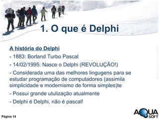 1. O que é Delphi A história do Delphi - 1883: Borland Turbo Pascal - 14/02/1995: Nasce o Delphi (REVOLUÇÃO!) - Considerada uma das melhores lingugens para se estudar programação de computadores (assimila simplicidade e modernismo de forma simples)te - Possui grande utulização atualmente - Delphi é Delphi, não é pascal! Página 14 