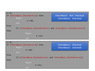 x:=5;
If (CheckBox1.Checked=true) then
CheckBox1: Not Checked
Begin
CheckBox2: Checked
x:=10;
End
Else
if ((CheckBox1.Checked=false) and (CheckBox2.checked=false))
then
Begin
x:=11;
End;
x:=5;
If (CheckBox1.Checked=true) then
CheckBox1: Checked
Begin
CheckBox2: Checked
x:=10;
End
Else
if ((CheckBox1.Checked=true) and (CheckBox2.checked=true))
then
Begin
x:=11;
End;

 