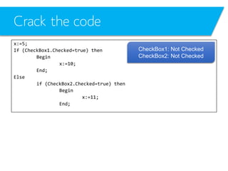 Crack the code
x:=5;
If (CheckBox1.Checked=true) then
Begin
x:=10;
End;
Else
if (CheckBox2.Checked=true) then
Begin
x:=11;
End;

CheckBox1: Not Checked
CheckBox2: Not Checked

 