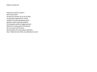 Poème numéro 22 
Surprise au lever du soleil ! 
Avril s’est ouvert 
Au bas d’un sentier où je me fis aller. 
Les jacinthes tapissent en rivière 
La forêt d’un bleu phosphorescent. 
Adultes, petits et grands enfants, 
Par bouquet viennent religieusement 
Admirer le miracle parmi les pierres. 
Au ras du sol et de la terre, 
Des parcelles d’un jour joyeux éclairent, 
Sous l’arbre de nos rêves, la profondeur du ciel. 
 