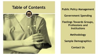 Table of Contents Public Policy Management
Government Spending
Feelings Towards Groups,
Professions and
Institutions
Metho...