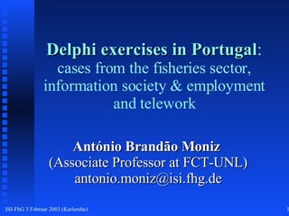 Delphi exercises in Portugal : cases from the fisheries sector, information society & employment and telework António Brandão Moniz  (Associate Professor at FCT-UNL) [email_address] 
