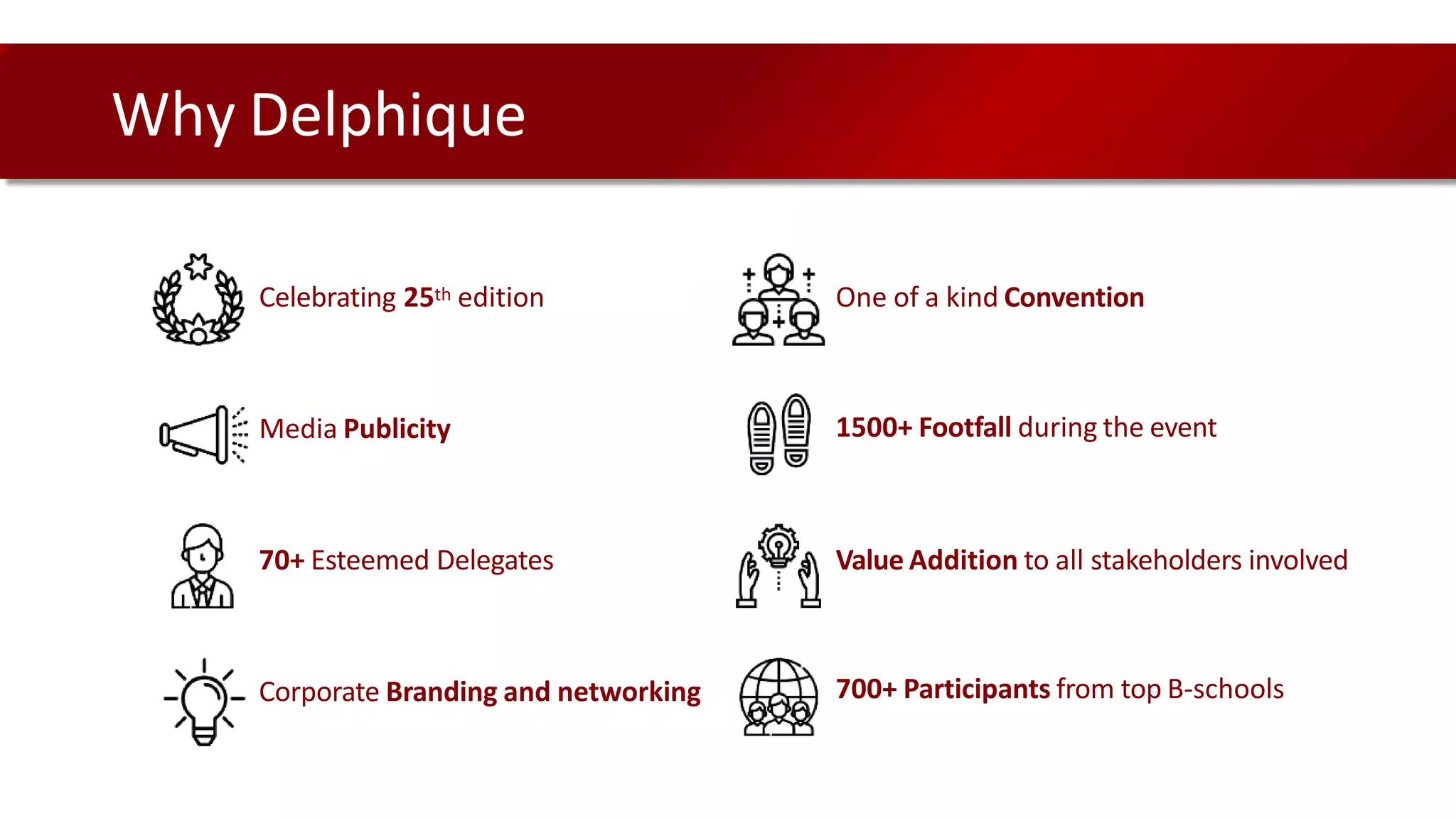 Why Delphique
Value Addition to all stakeholders involved
Celebrating 25th edition
1500+ Footfall during the event
Corporate Branding and networking
70+ Esteemed Delegates
Media Publicity
One of a kind Convention
700+ Participants from top B-schools
 