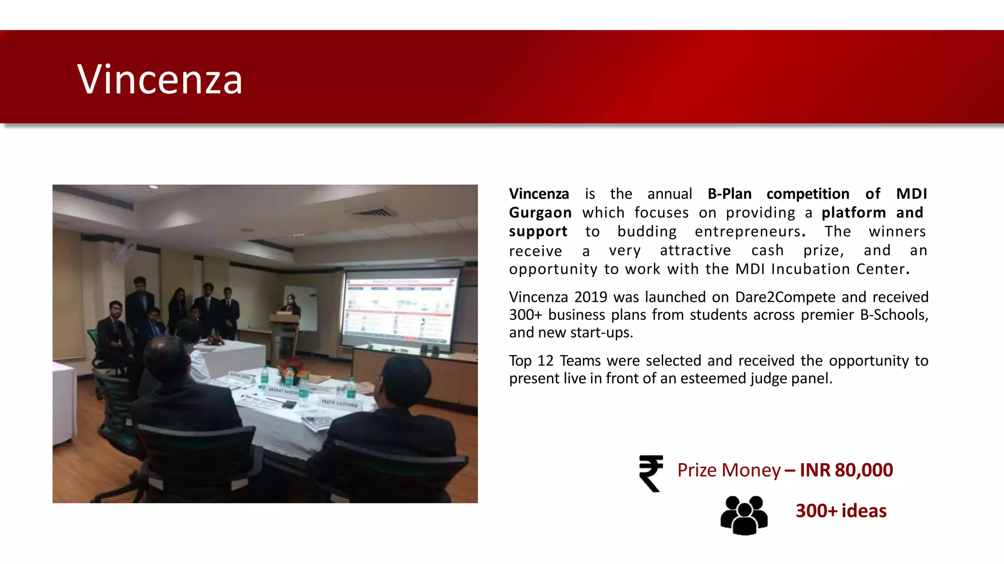 Vincenza is the annual B-Plan competition of MDI
Gurgaon which focuses on providing a platform and
to budding entrepreneurs. The winners
support
receive a very attractive cash prize, and an
opportunity to work with the MDI Incubation Center.
Vincenza 2019 was launched on Dare2Compete and received
300+ business plans from students across premier B-Schools,
and new start-ups.
Top 12 Teams were selected and received the opportunity to
present live in front of an esteemed judge panel.
Vincenza
Prize Money – INR 80,000
300+ ideas
 