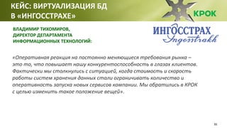 31
ВЛАДИМИР ТИХОМИРОВ,
ДИРЕКТОР ДЕПАРТАМЕНТА
ИНФОРМАЦИОННЫХ ТЕХНОЛОГИЙ:
«Оперативная реакция на постоянно меняющиеся требования рынка –
это то, что повышает нашу конкурентоспособность в глазах клиентов.
Фактически мы столкнулись с ситуацией, когда стоимость и скорость
работы систем хранения данных стали ограничивать количество и
оперативность запуска новых сервисов компании. Мы обратились в КРОК
с целью изменить такое положение вещей».
КЕЙС: ВИРТУАЛИЗАЦИЯ БД
В «ИНГОССТРАХЕ»
 