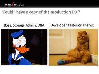 Could I have a copy of the production DB ?
Developer, tester or AnalystBoss, Storage Admin, DBA
 