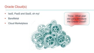 Oracle Cloud(s)
 IaaS, PaaS and SaaS, oh my!
 BareMetal
 Cloud Marketplace
Trivia: What year
did Larry introduce
the Oracle Cloud?
 