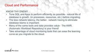 34© 2016 Delphix Corporation
Cloud and Performance
KNOW THY ENEMY…
• Tune SQL and Apps to perform efficiently as possible- natural life of
database is growth, (in processes, resources, etc.) before migrating.
• The less network latency, the better- network tracing to eliminate
database blame is important.
• Many of the same tools and data provides value- The AWR,
(Automatic Workload Repository) is your friend!
• Take advantage of cloud monitoring tools that can ease the learning
curve as you migrate to the cloud.
 