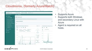 38© 2016 Delphix Corporation
Cloudmonix, (formerly AzureWatch)
• Supports Azure
• Supports both Windows
and secondary Linux with
Azure
• Agent is required on all
hosts.
 