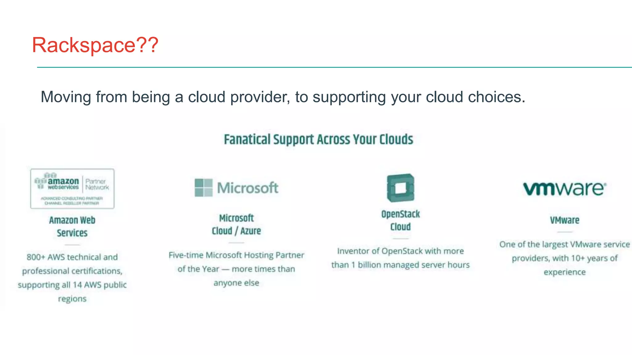 Rackspace??
Moving from being a cloud provider, to supporting your cloud choices.
 