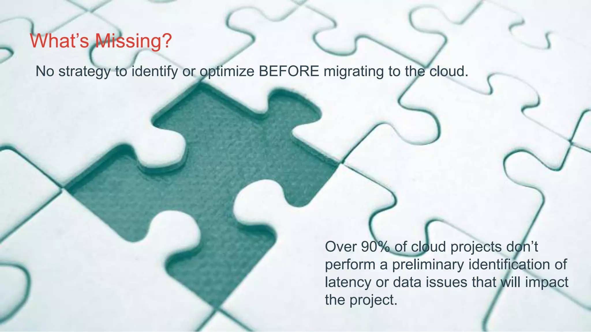 29© 2017 Delphix Corporation
What’s Missing?
Over 90% of cloud projects don’t
perform a preliminary identification of
latency or data issues that will impact
the project.
No strategy to identify or optimize BEFORE migrating to the cloud.
 