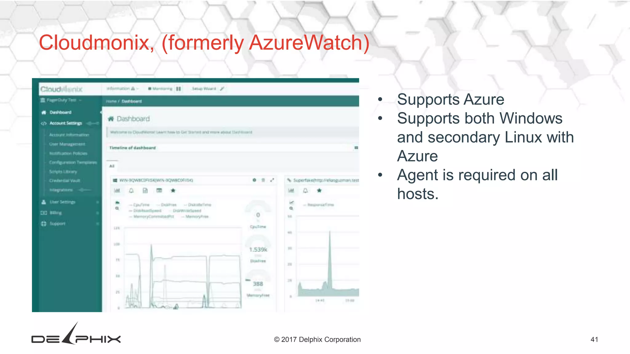 41© 2017 Delphix Corporation
Cloudmonix, (formerly AzureWatch)
• Supports Azure
• Supports both Windows
and secondary Linux with
Azure
• Agent is required on all
hosts.
 