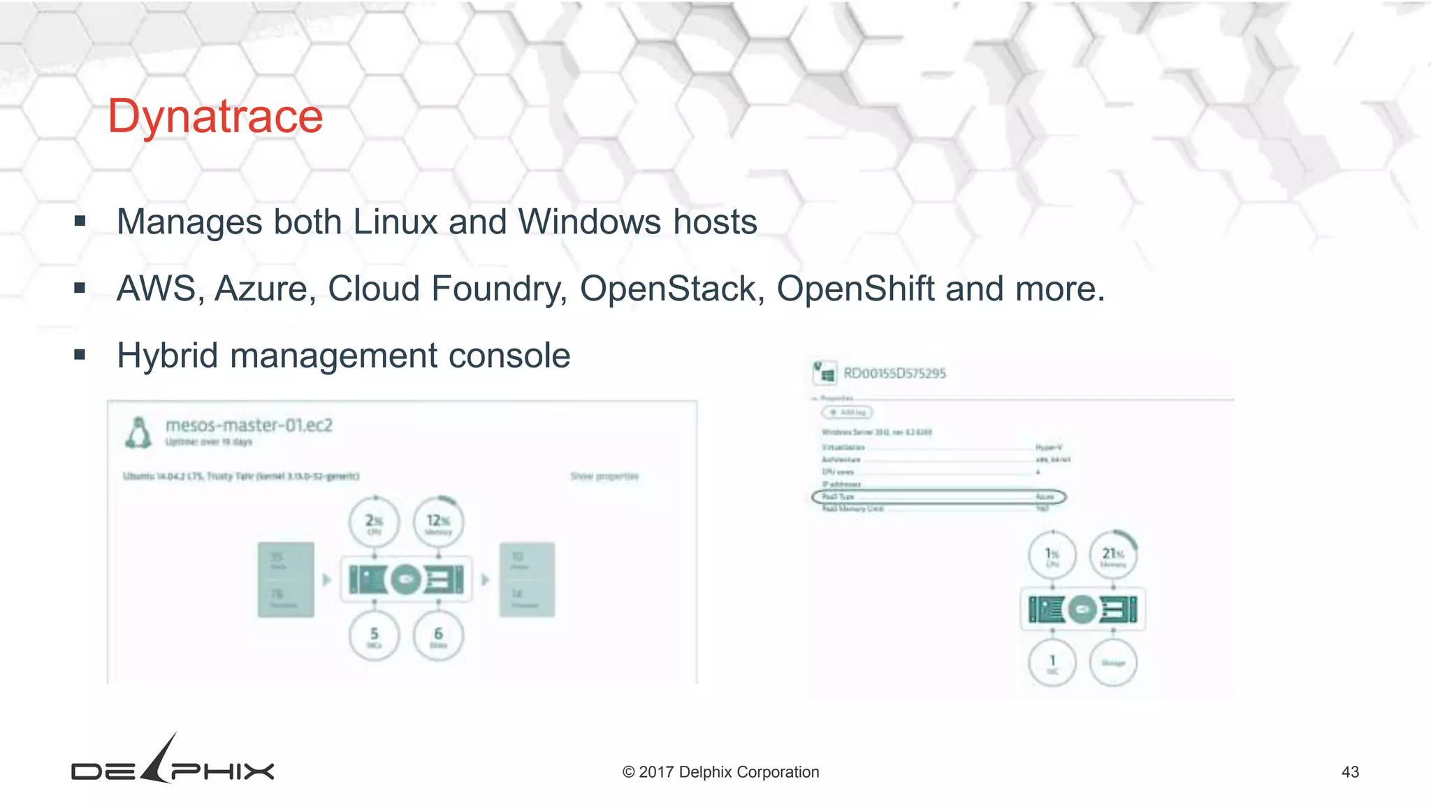 43© 2017 Delphix Corporation
Dynatrace
 Manages both Linux and Windows hosts
 AWS, Azure, Cloud Foundry, OpenStack, OpenShift and more.
 Hybrid management console
 