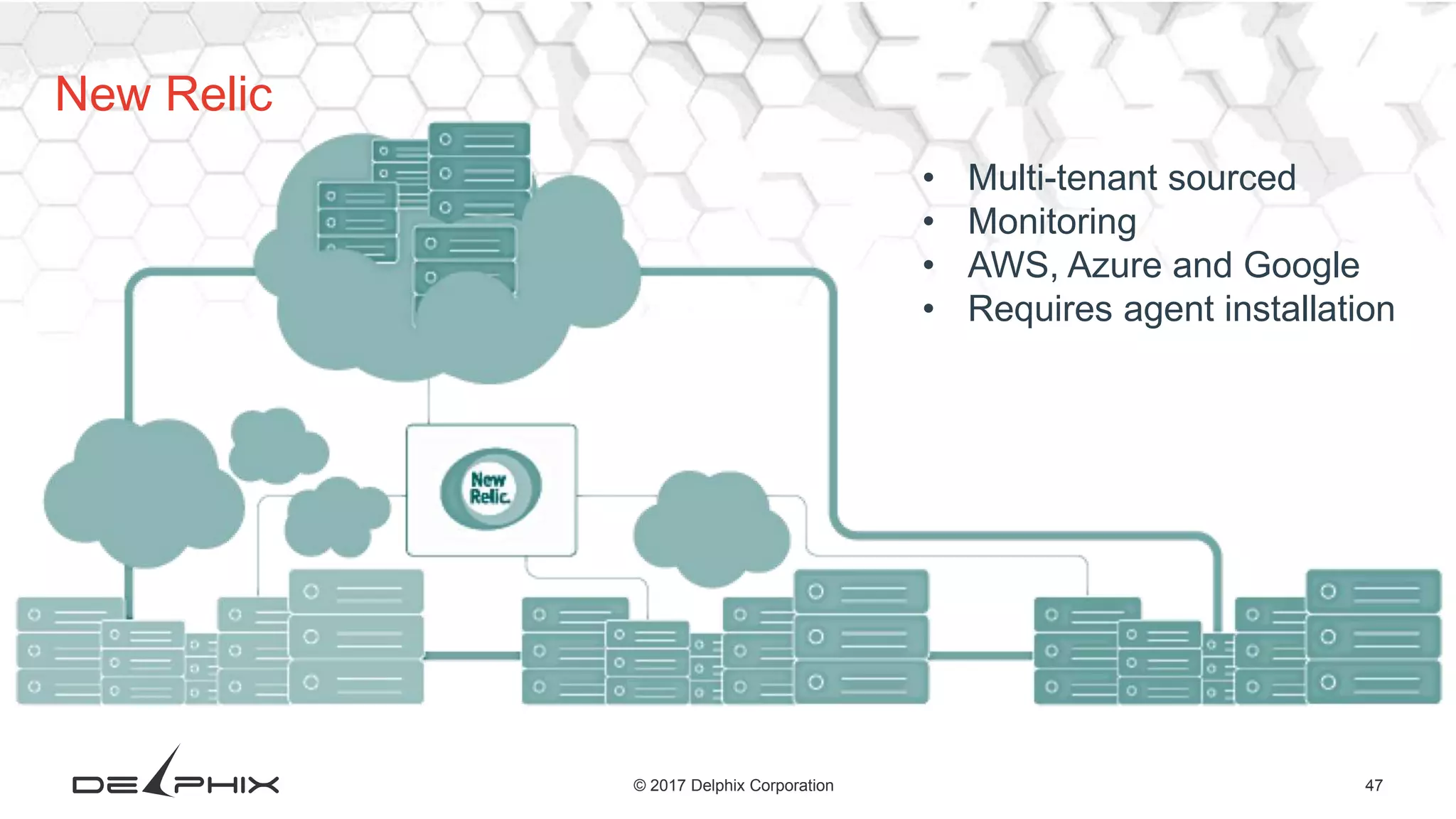 47© 2017 Delphix Corporation
New Relic
• Multi-tenant sourced
• Monitoring
• AWS, Azure and Google
• Requires agent installation
 