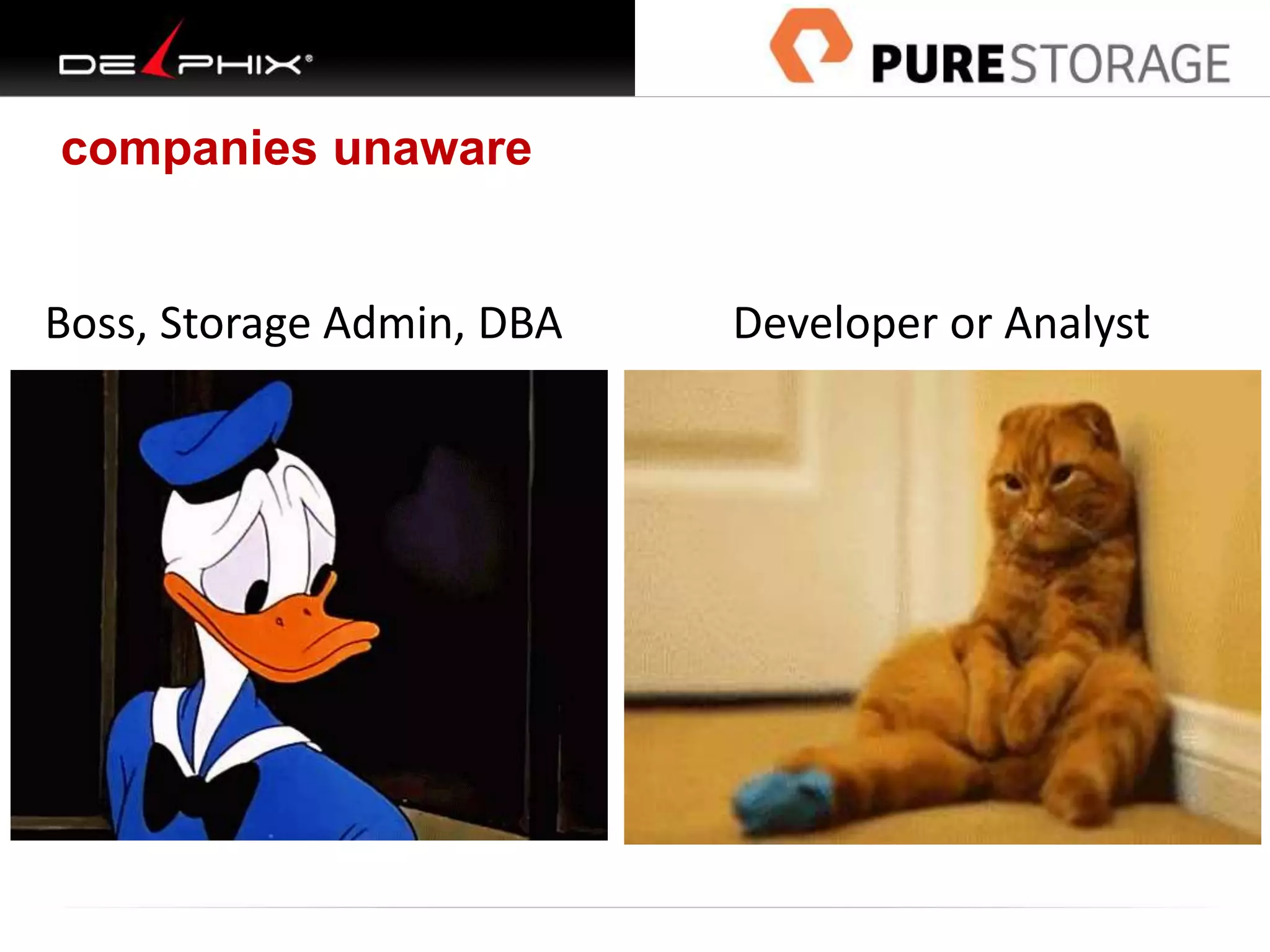 companies unaware
Developer or AnalystBoss, Storage Admin, DBA
 