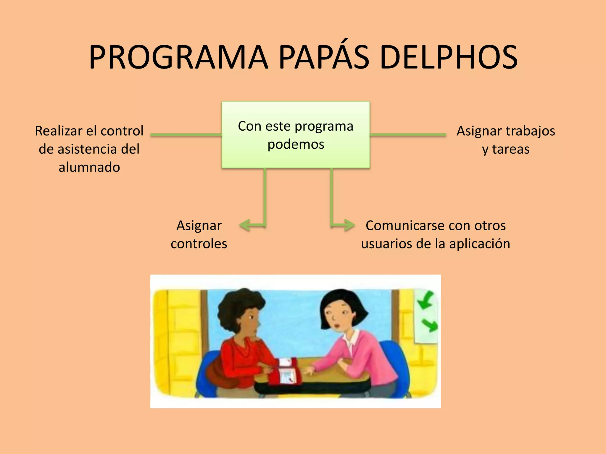 PROGRAMA PAPÁS DELPHOS
Con este programa
podemos
Realizar el control
de asistencia del
alumnado
Asignar trabajos
y tareas
Asignar
controles
Comunicarse con otros
usuarios de la aplicación
 