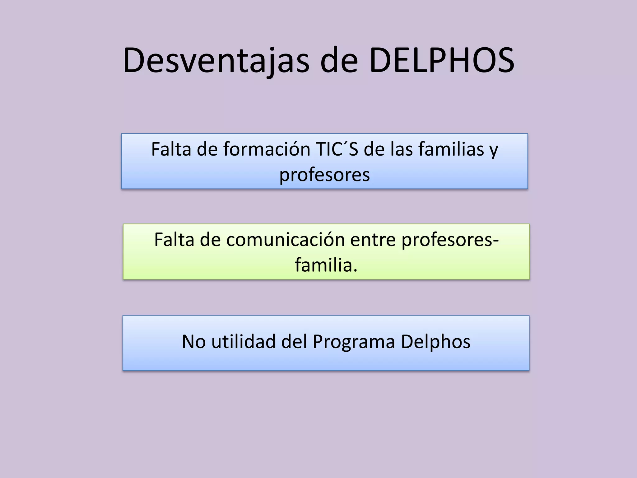 Desventajas de DELPHOS
Falta de formación TIC´S de las familias y
profesores
No utilidad del Programa Delphos
Falta de comunicación entre profesores-
familia.
 