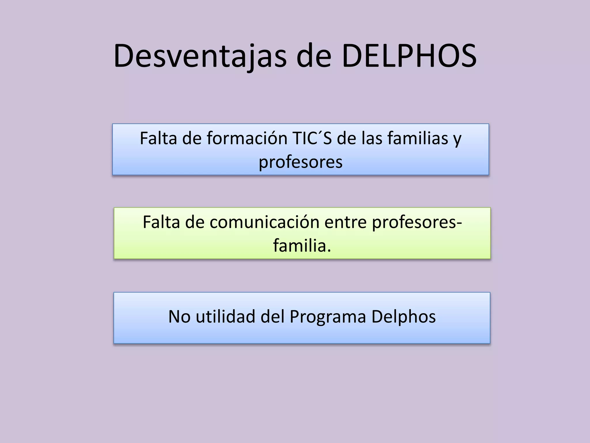 Desventajas de DELPHOS
Falta de formación TIC´S de las familias y
profesores
No utilidad del Programa Delphos
Falta de comunicación entre profesores-
familia.
 