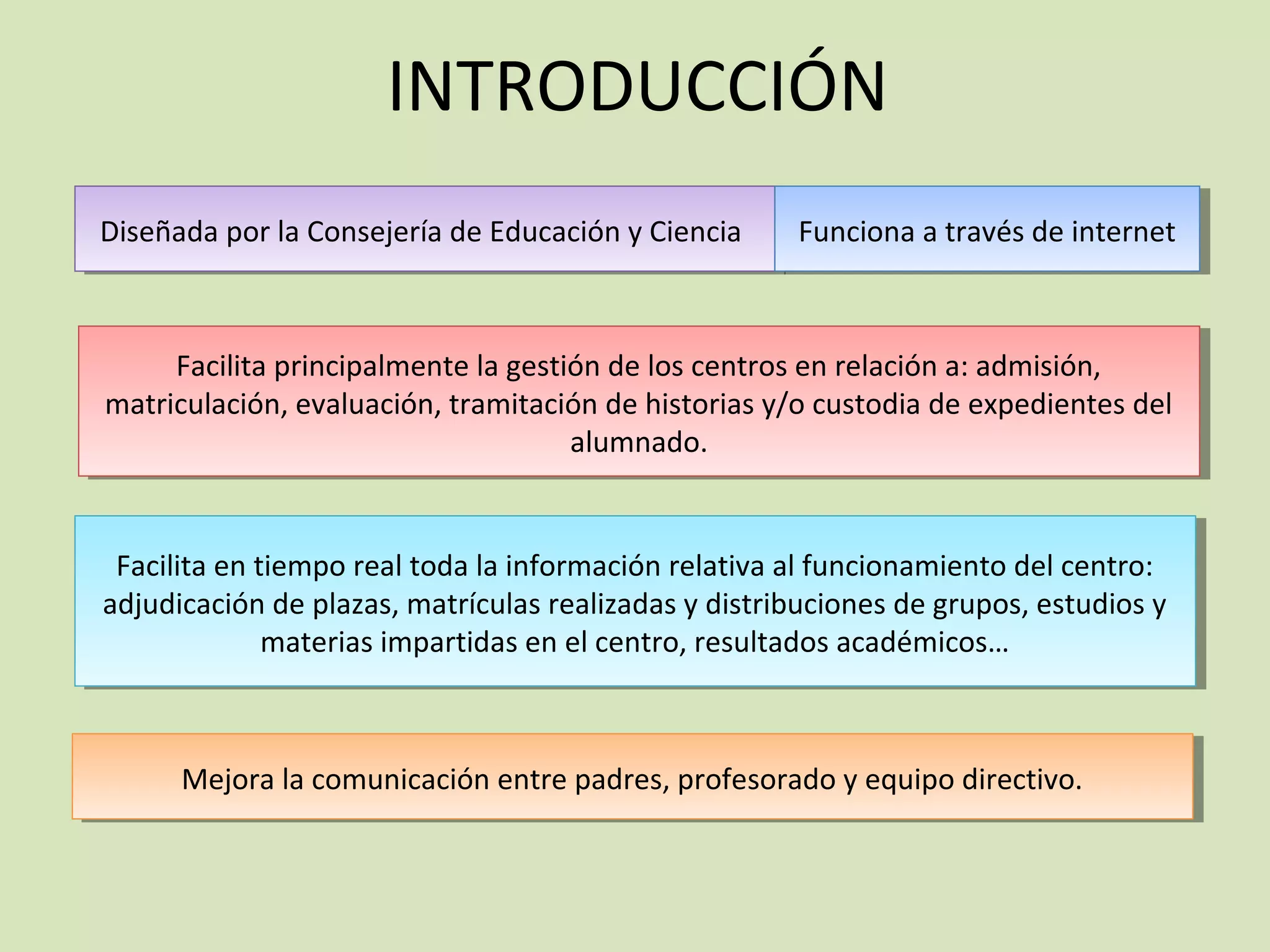 INTRODUCCIÓN
Diseñada por la Consejería de Educación yyCiencia
 Diseñada por la Consejería de Educación Ciencia       Funciona aatravés de internet
                                                        Funciona través de internet



     Facilita principalmente la gestión de los centros en relación a: admisión,
      Facilita principalmente la gestión de los centros en relación a: admisión,
matriculación, evaluación, tramitación de historias y/o custodia de expedientes del
matriculación, evaluación, tramitación de historias y/o custodia de expedientes del
                                     alumnado.
                                      alumnado.


 Facilita en tiempo real toda la información relativa al funcionamiento del centro:
  Facilita en tiempo real toda la información relativa al funcionamiento del centro:
adjudicación de plazas, matrículas realizadas yydistribuciones de grupos, estudios yy
 adjudicación de plazas, matrículas realizadas distribuciones de grupos, estudios
              materias impartidas en el centro, resultados académicos…
               materias impartidas en el centro, resultados académicos…



      Mejora la comunicación entre padres, profesorado yyequipo directivo.
      Mejora la comunicación entre padres, profesorado equipo directivo.
 