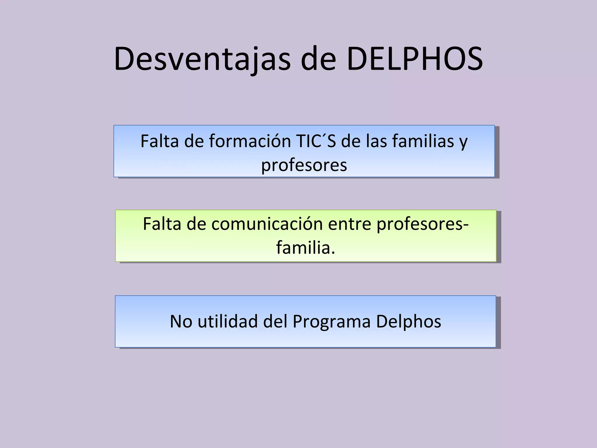 Desventajas de DELPHOS

 Falta de formación TIC´S de las familias y
  Falta de formación TIC´S de las familias y
                profesores
                profesores

 Falta de comunicación entre profesores-
  Falta de comunicación entre profesores-
                 familia.
                  familia.


    No utilidad del Programa Delphos
    No utilidad del Programa Delphos
 