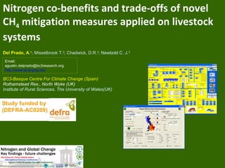 Nitrogen co-benefits and trade-offs of novel
CH4 mitigation measures applied on livestock
systems
Del Prado, A.1; Misselbrook T.2; Chadwick, D.R.2; Newbold C. J.3
Email:
agustin.delprado@bc3research.org
http://www.land-ghg.net/

BC3-Basque Centre For Climate Change (Spain)
Rothamstead Res., North Wyke (UK)
Institute of Rural Sciences, The University of Wales(UK)


Study funded by
(DEFRA-AC0209)
 