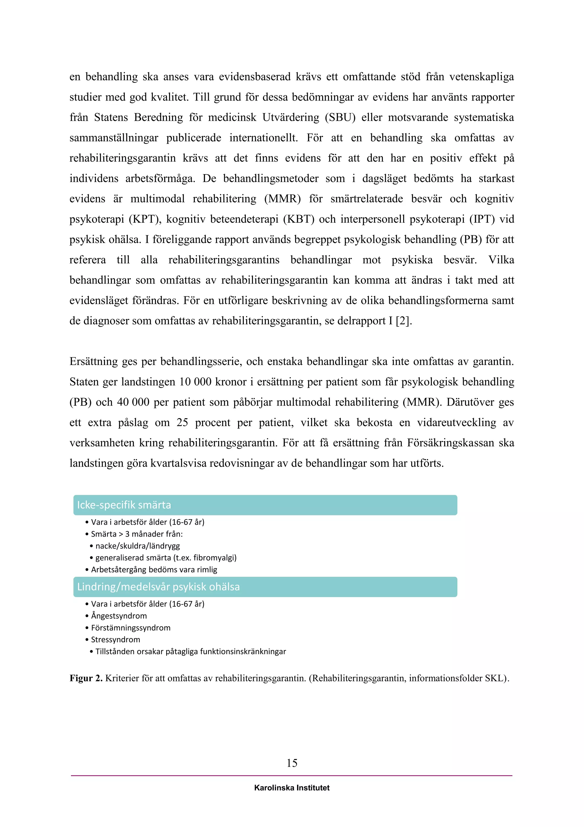 en behandling ska anses vara evidensbaserad krävs ett omfattande stöd från vetenskapliga
studier med god kvalitet. Till grund för dessa bedömningar av evidens har använts rapporter
från Statens Beredning för medicinsk Utvärdering (SBU) eller motsvarande systematiska
sammanställningar publicerade internationellt. För att en behandling ska omfattas av
rehabiliteringsgarantin krävs att det finns evidens för att den har en positiv effekt på
individens arbetsförmåga. De behandlingsmetoder som i dagsläget bedömts ha starkast
evidens är multimodal rehabilitering (MMR) för smärtrelaterade besvär och kognitiv
psykoterapi (KPT), kognitiv beteendeterapi (KBT) och interpersonell psykoterapi (IPT) vid
psykisk ohälsa. I föreliggande rapport används begreppet psykologisk behandling (PB) för att
referera till alla rehabiliteringsgarantins behandlingar mot psykiska besvär. Vilka
behandlingar som omfattas av rehabiliteringsgarantin kan komma att ändras i takt med att
evidensläget förändras. För en utförligare beskrivning av de olika behandlingsformerna samt
de diagnoser som omfattas av rehabiliteringsgarantin, se delrapport I [2].


Ersättning ges per behandlingsserie, och enstaka behandlingar ska inte omfattas av garantin.
Staten ger landstingen 10 000 kronor i ersättning per patient som får psykologisk behandling
(PB) och 40 000 per patient som påbörjar multimodal rehabilitering (MMR). Därutöver ges
ett extra påslag om 25 procent per patient, vilket ska bekosta en vidareutveckling av
verksamheten kring rehabiliteringsgarantin. För att få ersättning från Försäkringskassan ska
landstingen göra kvartalsvisa redovisningar av de behandlingar som har utförts.


 Icke-specifik smärta
   • Vara i arbetsför ålder (16-67 år)
   • Smärta > 3 månader från:
    • nacke/skuldra/ländrygg
    • generaliserad smärta (t.ex. fibromyalgi)
   • Arbetsåtergång bedöms vara rimlig

 Lindring/medelsvår psykisk ohälsa
   • Vara i arbetsför ålder (16-67 år)
   • Ångestsyndrom
   • Förstämningssyndrom
   • Stressyndrom
    • Tillstånden orsakar påtagliga funktionsinskränkningar


Figur 2. Kriterier för att omfattas av rehabiliteringsgarantin. (Rehabiliteringsgarantin, informationsfolder SKL).




                                                          15

                                                  Karolinska Institutet
 