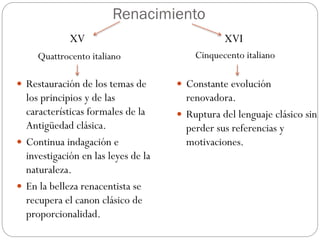 Renacimiento
 Restauración de los temas de
los principios y de las
características formales de la
Antigüedad clásica.
 Continua indagación e
investigación en las leyes de la
naturaleza.
 En la belleza renacentista se
recupera el canon clásico de
proporcionalidad.
 Constante evolución
renovadora.
 Ruptura del lenguaje clásico sin
perder sus referencias y
motivaciones.
XV XVI
Quattrocento italiano Cinquecento italiano
 