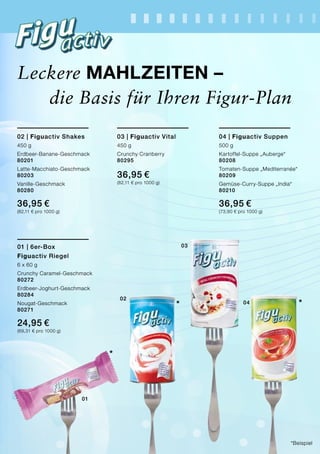 Leckere Mahlzeiten –
01 | 6er-Box
Figuactiv Riegel
6 x 60 g
Crunchy Caramel-Geschmack 	
80272
Erdbeer-Joghurt-Geschmack 	
80284
Nougat-Geschmack 	
80271
24,95 €
(69,31 € pro 1000 g)
03
02 | Figuactiv Shakes
450 g
Erdbeer-Banane-Geschmack 	
80201
Latte-Macchiato-Geschmack 	
80203
Vanille-Geschmack 	
80280
36,95 €
(82,11 € pro 1000 g)
03 | Figuactiv Vital
450 g
Crunchy Cranberry
80295
36,95 €
(82,11 € pro 1000 g)
04 | Figuactiv Suppen
500 g
Kartoffel-Suppe „Auberge“ 	
80208
Tomaten-Suppe „Mediterranée“
80209
Gemüse-Curry-Suppe „India“ 	
80210
36,95 €
(73,90 € pro 1000 g)
02
04
*Beispiel
die Basis für Ihren Figur-Plan
01
*
*
*
 