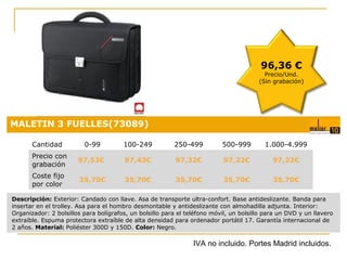 96,36 €

Precio/Und.
(Sin grabación)

MALETIN 3 FUELLES(73089)
Cantidad

0-99

100-249

250-499

500-999

1.000-4.999

Precio con
grabación

97,53€

97,43€

97,32€

97,22€

97,22€

Coste fijo
por color

35,70€

35,70€

35,70€

35,70€

35,70€
Precio:

Descripción: Exterior: Candado con llave. Asa de transporte ultra-confort. Base antideslizante. Banda para
insertar en el trolley. Asa para el hombro desmontable y antideslizante con almohadilla adjunta. Interior:
Organizador: 2 bolsillos para bolígrafos, un bolsillo para el teléfono móvil, un bolsillo para un DVD y un llavero
extraíble. Espuma protectora extraíble de alta densidad para ordenador portátil 17. Garantía internacional de
2 años. Material: Poliéster 300D y 150D. Color: Negro.

0,18 €

IVA no incluido. Portes Madrid incluidos.

 