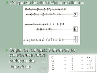 L'origen de les claus són lletres llatines:  Origen del compàs: 3 elements es considerava l'ordre  perfecte i dos  imperfecte 
