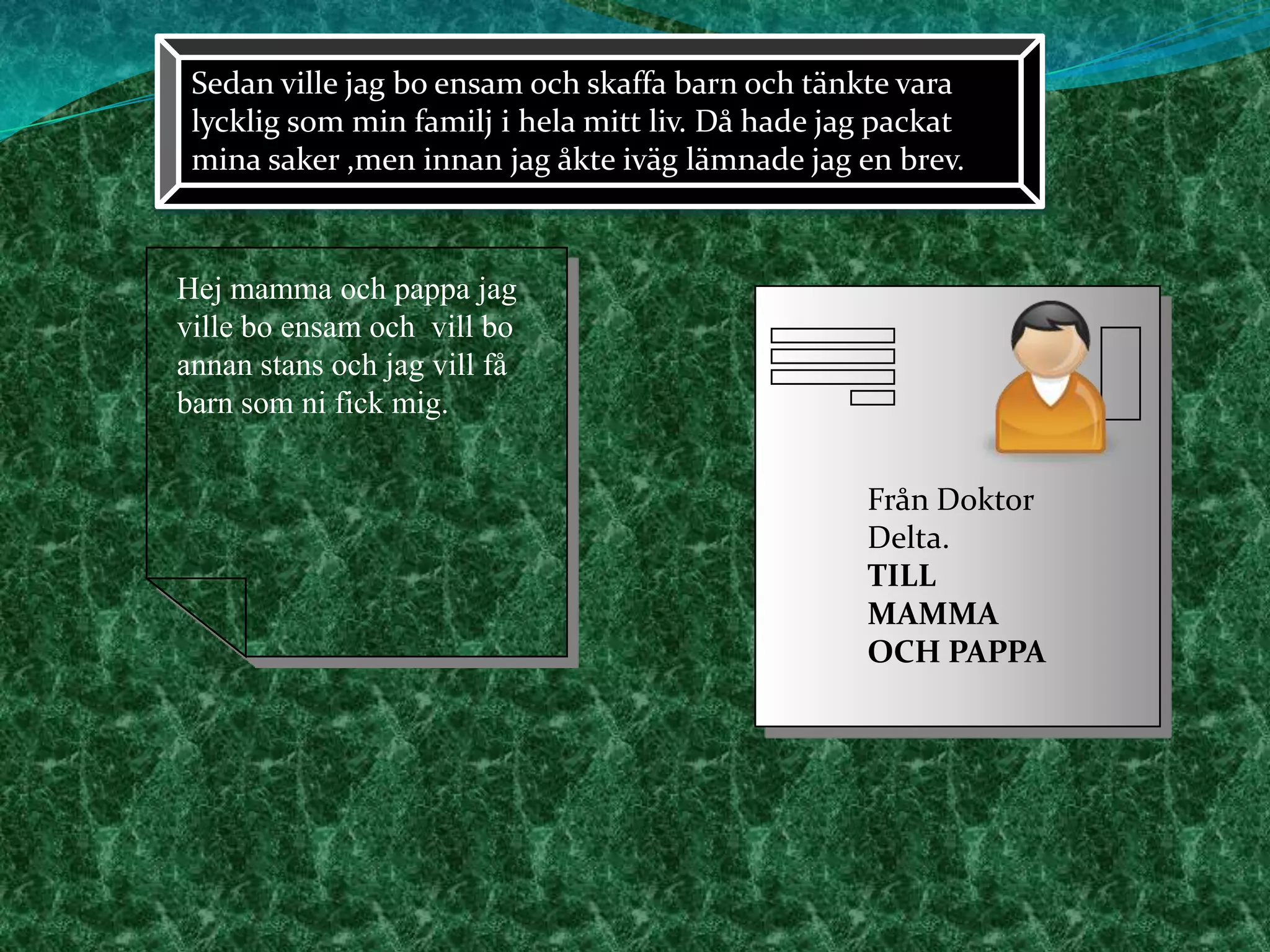 Sedan ville jag bo ensam och skaffa barn och tänkte vara lycklig som min familj i hela mitt liv. Då hade jag packat mina saker ,men innan jag åkte iväg lämnade jag en brev.   Hej mamma och pappa jag ville bo ensam och  vill bo annan stans och jag vill få barn som ni fick mig.Från Doktor Delta.TILL MAMMA OCH PAPPA