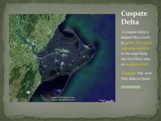Cuspate
Delta
•A cuspate delta is
shaped like a tooth
by gentle but regular
opposing currents
in the water body
the river flows into,
or longshore drift

•Example: The river
Ebro delta in Spain
 