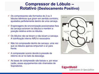 Compressor de Lóbulo –
Rotativo (Deslocamento Positivo)
 Os compressores são formados de 2 ou 3
lóbulos idênticos que gir...