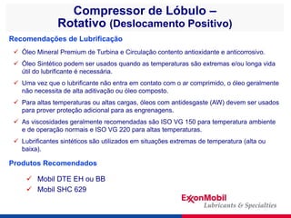 Compressor de Lóbulo –
Rotativo (Deslocamento Positivo)
Recomendações de Lubrificação
 Óleo Mineral Premium de Turbina e ...