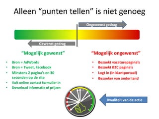 Alleen “punten tellen” is niet genoeg
Ongewenst gedrag

Gewenst gedrag

“Mogelijk gewenst”
•
•
•

Bron = AdWords
Bron = Tweet, Facebook
Minstens 2 pagina’s en 30
seconden op de site

•
•

“Mogelijk ongewenst”
•
•
•
•

Vult online contact formulier in
Download informatie of prijzen

Bezoekt vacaturepagina’s
Bezoekt B2C pagina’s
Logt in (in klantportaal)
Bezoeker van ander land

Kwaliteit van de actie

 