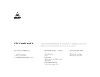 IDENTIDAD DE MARCA Desarrollamos identidades de marca con un lenguaje visual único.
nimos la comunicación de marca de la marca.
IDENTIDAD VISUAL Y VERBAL
— Brand naming
— Copy
— Logotipos
— Sistemas de identidad visual
— Tipografía
— Manuales de marca
— Impresión corporativa
DISEÑO DE EMPAQUE
— Diseño de empaque
— Diseño de etiqueta
ESTRATEGIAS DE MARCA
— Análisis de marca
— Posicionamiento
— Estrategias de comunicación
 