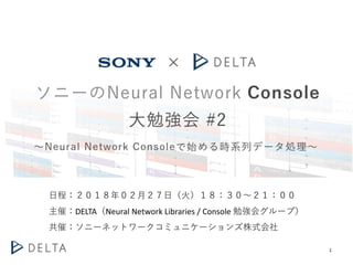 1
日程：２０１８年０２月２７日（火）１８：３０～２１：００
主催：DELTA（Neural Network Libraries / Console 勉強会グループ）
共催：ソニーネットワークコミュニケーションズ株式会社
 