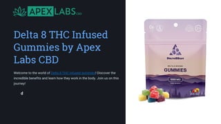 Delta 8 THC Infused
Gummies by Apex
Labs CBD
Welcome to the world of Delta 8 THC infused gummies! Discover the
incredible benefits and learn how they work in the body. Join us on this
journey!
d
 