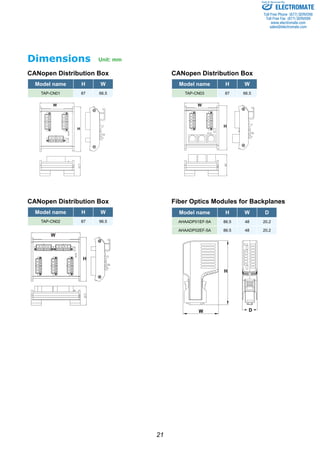 CANopen Distribution Box CANopen Distribution Box 
21 
Model name H W 
TAP-CN01 87 66.5 
W 
H 
CANopen Distribution Box 
Model name H W 
TAP-CN02 87 96.5 
W 
H 
Model name H W 
TAP-CN03 87 66.5 
W 
H 
Sold & Serviced By: 
Fiber Optics Modules for Backplanes 
Model name H W D 
AHAADP01EF-5A 86.5 48 20.2 
AHAADP02EF-5A 86.5 48 20.2 
D 
H 
W 
Dimensions Unit: mm 
ELECTROMATE 
Toll Free Phone (877) SERVO98 
Toll Free Fax (877) SERV099 
www.electromate.com 
sales@electromate.com 
 