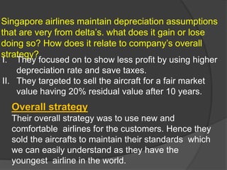 Singapore airlines maintain depreciation assumptions
that are very from delta’s. what does it gain or lose
doing so? How does it relate to company’s overall
strategy?
I. They focused on to show less profit by using higher
depreciation rate and save taxes.
II. They targeted to sell the aircraft for a fair market
value having 20% residual value after 10 years.
Overall strategy
Their overall strategy was to use new and
comfortable airlines for the customers. Hence they
sold the aircrafts to maintain their standards which
we can easily understand as they have the
youngest airline in the world.
 