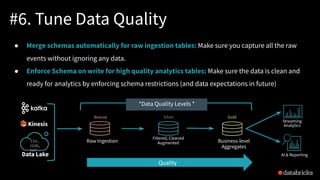 #6. Tune Data Quality
● Merge schemas automatically for raw ingestion tables: Make sure you capture all the raw
events without ignoring any data.
● Enforce Schema on write for high quality analytics tables: Make sure the data is clean and
ready for analytics by enforcing schema restrictions (and data expectations in future)
Data Lake AI & Reporting
Streaming
Analytics
Business-level
Aggregates
Filtered, Cleaned
AugmentedRaw Ingestion
Bronze Silver Gold
CSV,
JSON,
TXT…
Kinesis
*Data Quality Levels *
 