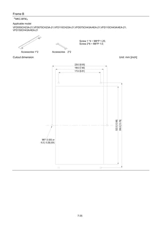 7-35
Frame B
『MKC-BFM』
Applicable model
VFD055CH23A-21;VFD075CH23A-21;VFD110CH23A-21;VFD075CH43A/4EA-21;VFD110CH43A/4EA-21;
VFD150CH43A/4EA-21
Accessories 1*2 Accessories 2*2
Screw 1 *4 ~ M8*P 1.25;
Screw 2*6 ~ M6*P 1.0;
Cutout dimension Unit: mm [inch]
 