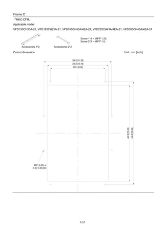 7-37
Frame C
『MKC-CFM』
Applicable model
VFD150CH23A-21; VFD185CH23A-21; VFD185CH43A/4EA-21; VFD220CH43A/4EA-21; VFD300CH43A/4EA-21
Accessories 1*2 Accessories 2*2
Screw 1*4 ~ M8*P 1.25;
Screw 2*8 ~ M6*P 1.0;
Cutout dimension Unit: mm [inch]
 