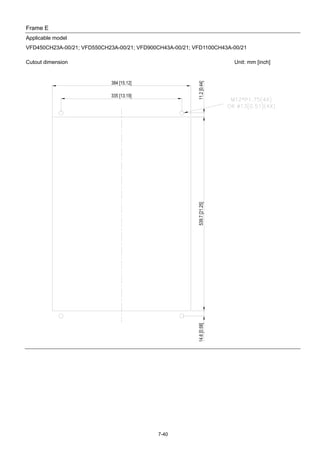 7-40
Frame E
Applicable model
VFD450CH23A-00/21; VFD550CH23A-00/21; VFD900CH43A-00/21; VFD1100CH43A-00/21
Cutout dimension Unit: mm [inch]
 