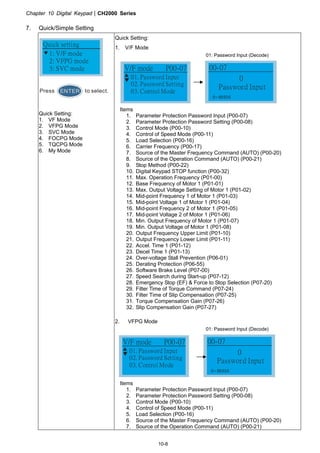 Chapter 10 Digital KeypadCH2000 Series
10-8
7. Quick/Simple Setting
1: V/F mode
2: VFPG mode
3: SVC mode
Quick setting
ENTERPress to select.
Quick Setting:
1. VF Mode
2. VFPG Mode
3. SVC Mode
4. FOCPG Mode
5. TQCPG Mode
6. My Mode
Quick Setting:
1. V/F Mode
01: Password Input (Decode)
01. Password Input
02. Password Setting
03. Control Mode
V/F mode P00-07
0
Password Input
00-07
0~ 65535
Items
1. Parameter Protection Password Input (P00-07)
2. Parameter Protection Password Setting (P00-08)
3. Control Mode (P00-10)
4. Control of Speed Mode (P00-11)
5. Load Selection (P00-16)
6. Carrier Frequency (P00-17)
7. Source of the Master Frequency Command (AUTO) (P00-20)
8. Source of the Operation Command (AUTO) (P00-21)
9. Stop Method (P00-22)
10. Digital Keypad STOP function (P00-32)
11. Max. Operation Frequency (P01-00)
12. Base Frequency of Motor 1 (P01-01)
13. Max. Output Voltage Setting of Motor 1 (P01-02)
14. Mid-point Frequency 1 of Motor 1 (P01-03)
15. Mid-point Voltage 1 of Motor 1 (P01-04)
16. Mid-point Frequency 2 of Motor 1 (P01-05)
17. Mid-point Voltage 2 of Motor 1 (P01-06)
18. Min. Output Frequency of Motor 1 (P01-07)
19. Min. Output Voltage of Motor 1 (P01-08)
20. Output Frequency Upper Limit (P01-10)
21. Output Frequency Lower Limit (P01-11)
22. Accel. Time 1 (P01-12)
23. Decel Time 1 (P01-13)
24. Over-voltage Stall Prevention (P06-01)
25. Derating Protection (P06-55)
26. Software Brake Level (P07-00)
27. Speed Search during Start-up (P07-12)
28. Emergency Stop (EF)  Force to Stop Selection (P07-20)
29. Filter Time of Torque Command (P07-24)
30. Filter Time of Slip Compensation (P07-25)
31. Torque Compensation Gain (P07-26)
32. Slip Compensation Gain (P07-27)
2. VFPG Mode
01: Password Input (Decode)
01. Password Input
02. Password Setting
03. Control Mode
V/F mode P00-07
0
Password Input
00-07
0~ 65535
Items
1. Parameter Protection Password Input (P00-07)
2. Parameter Protection Password Setting (P00-08)
3. Control Mode (P00-10)
4. Control of Speed Mode (P00-11)
5. Load Selection (P00-16)
6. Source of the Master Frequency Command (AUTO) (P00-20)
7. Source of the Operation Command (AUTO) (P00-21)
 